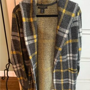Tahari Charcoal and Mustard Plaid Cardigan